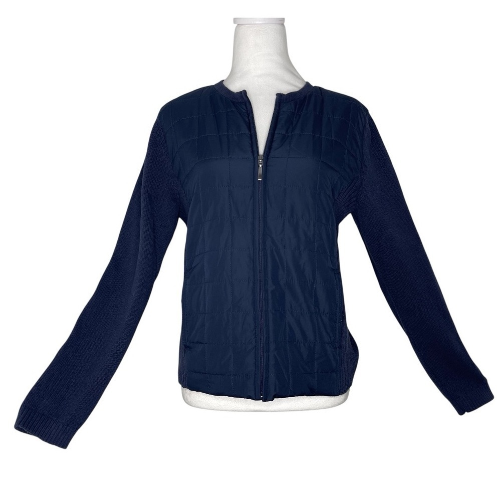 Croft & Barrow Dark Blue Knit Woven Quilted Front Zip Pockets Jacket Sweater Md